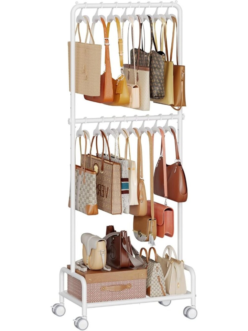 3-Tier Rolling Purse Organizer with 16 Hooks & Wheels - Adjustable Handbag
